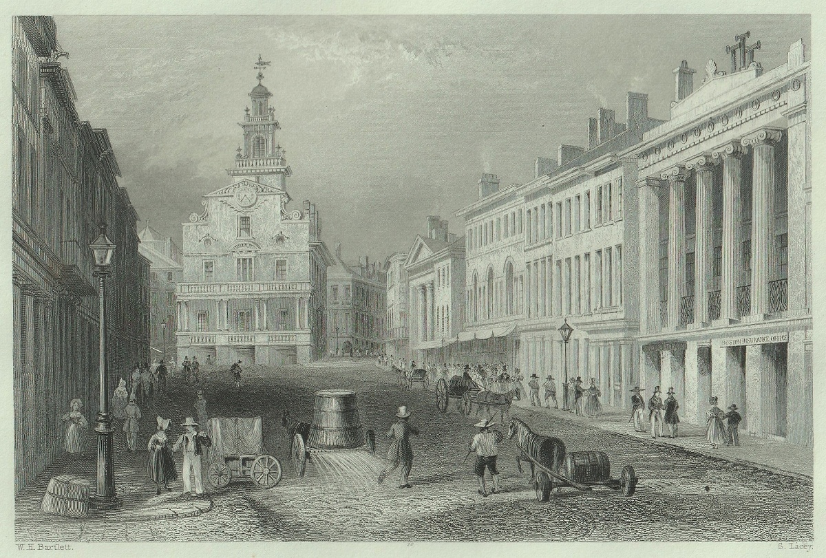 人気定番，新作登場 1840年 Bartlett アメリカの風景 鋼版画 ステート・ストリート ボストン State Street， Boston